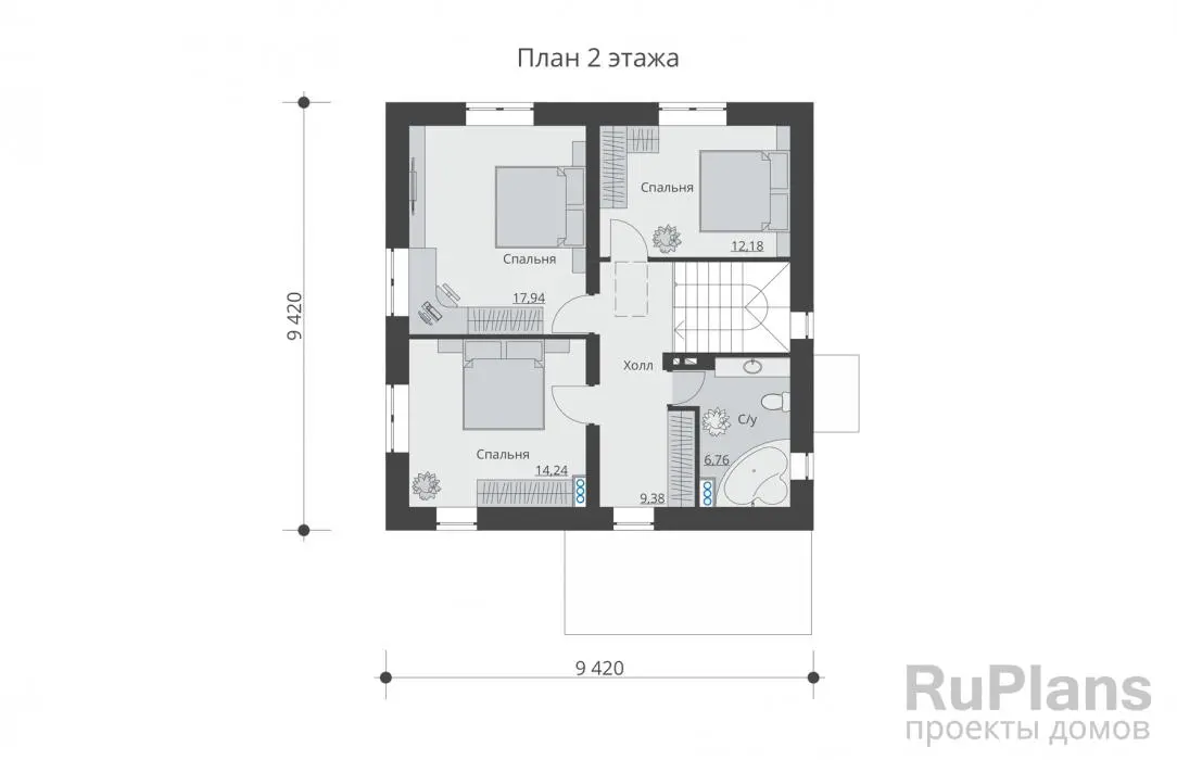 Проект двухэтажного дома 122 м², 12,6 × 9,4 м — Второй этаж