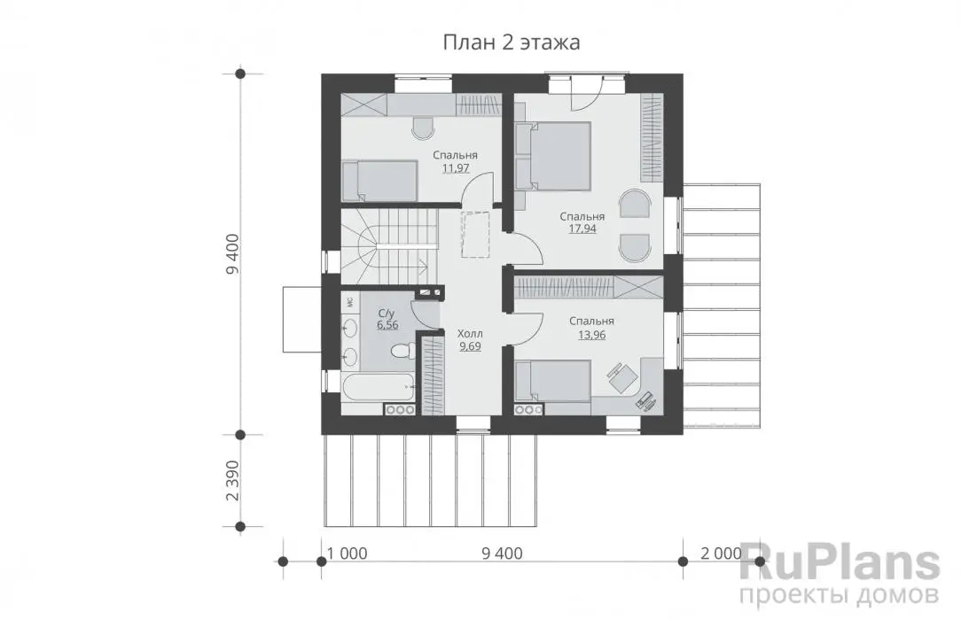 Проект двухэтажного дома 122 м², 11,3 × 11,1 м — Второй этаж