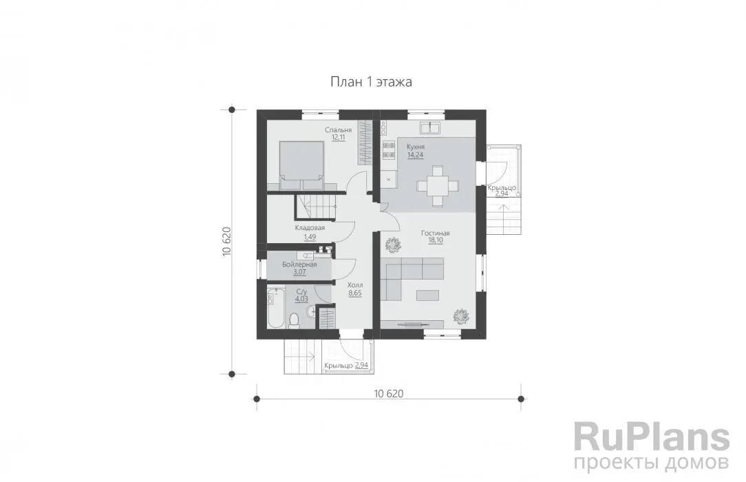 Проект двухэтажного дома 122 м², 10,6 × 10,6 м — Первый этаж