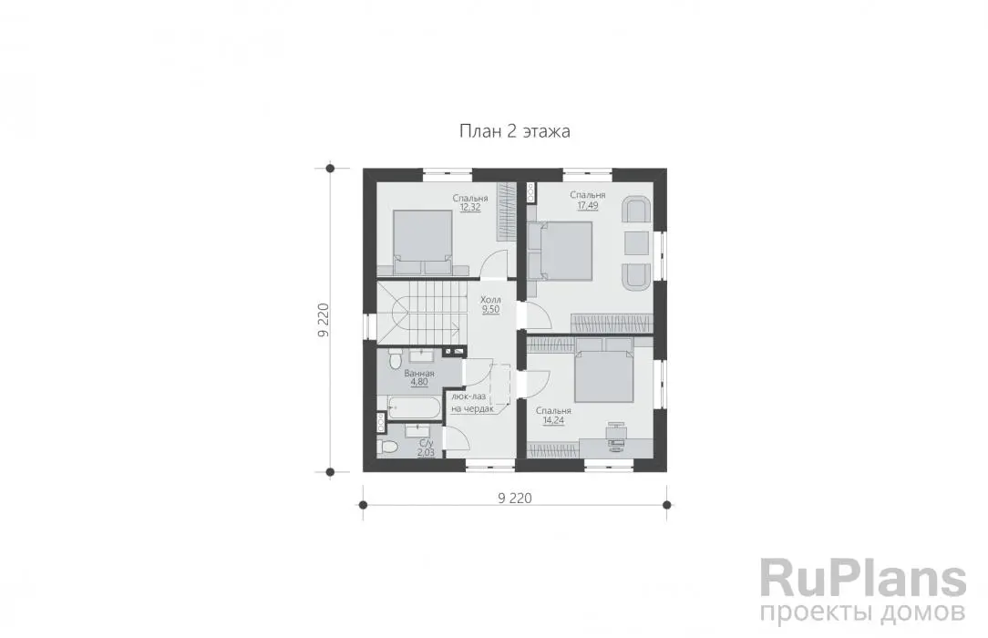 Проект двухэтажного дома 122 м², 10,6 × 10,6 м — Второй этаж