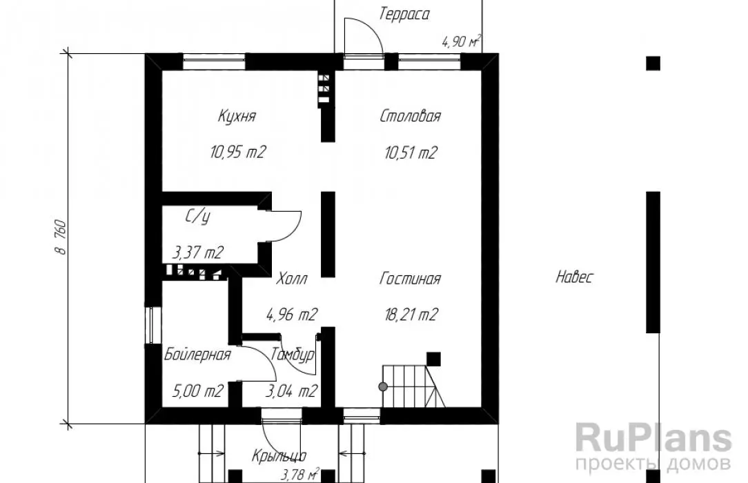 Проект двухэтажного дома 123 м², 12,2 × 8,8 м — Первый этаж