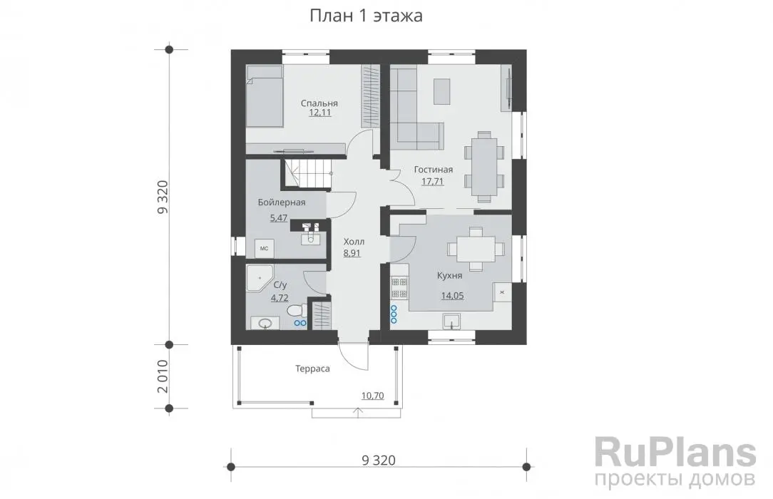 Проект двухэтажного дома 123 м², 9,3 × 11,3 м — Первый этаж