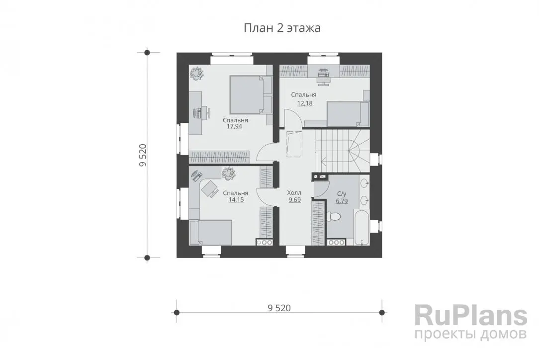 Проект двухэтажного дома 124 м², 11,5 × 11,2 м — Второй этаж