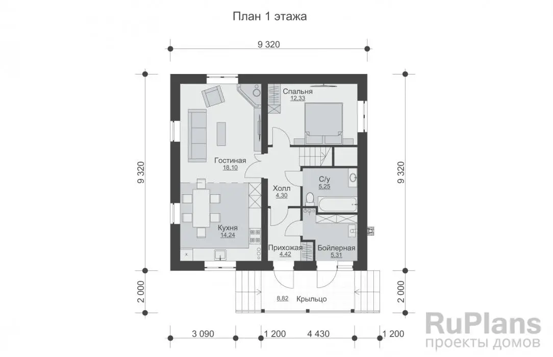Проект двухэтажного дома 125 м², 11,3 × 9,3 м — Первый этаж