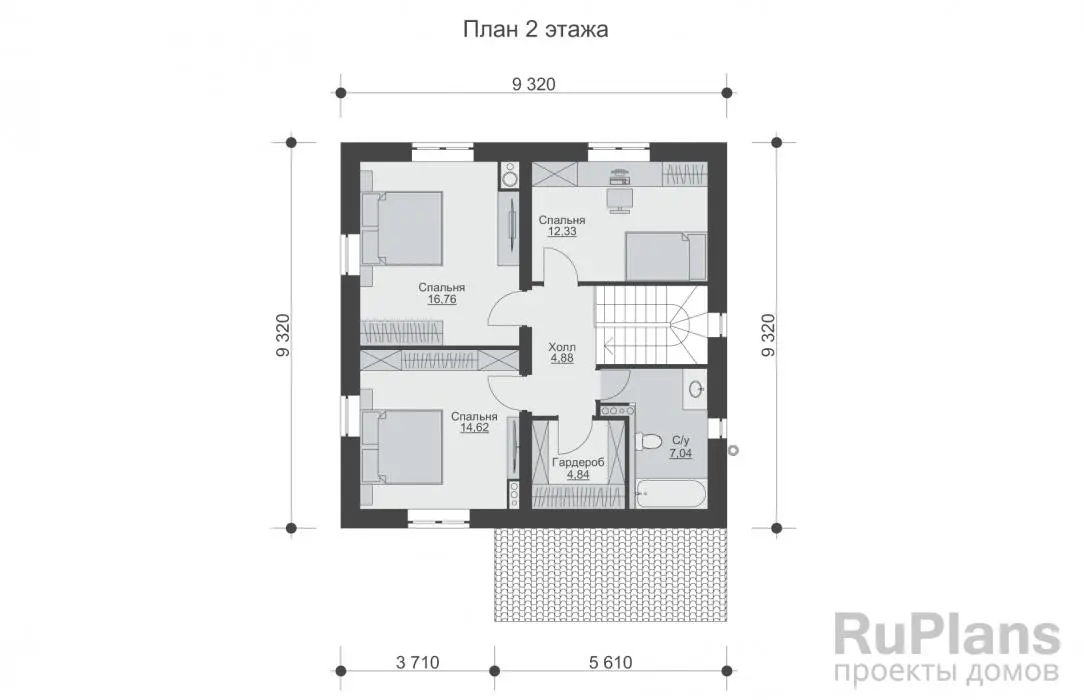 Проект двухэтажного дома 125 м², 11,3 × 9,3 м — Второй этаж