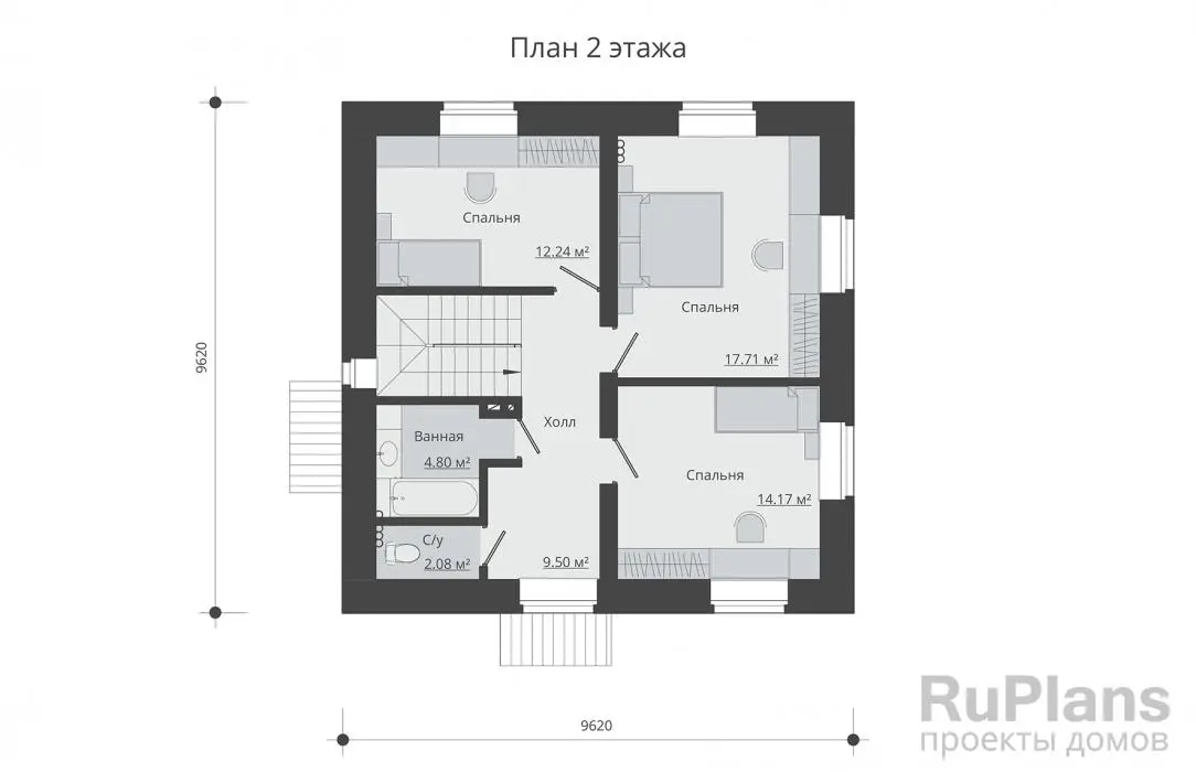 Проект двухэтажного дома 126 м², 9,6 × 9,6 м — Второй этаж