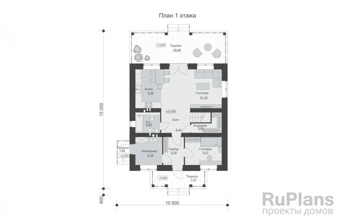 Проект двухэтажного дома 127 м², 15 × 10,5 м — Первый этаж