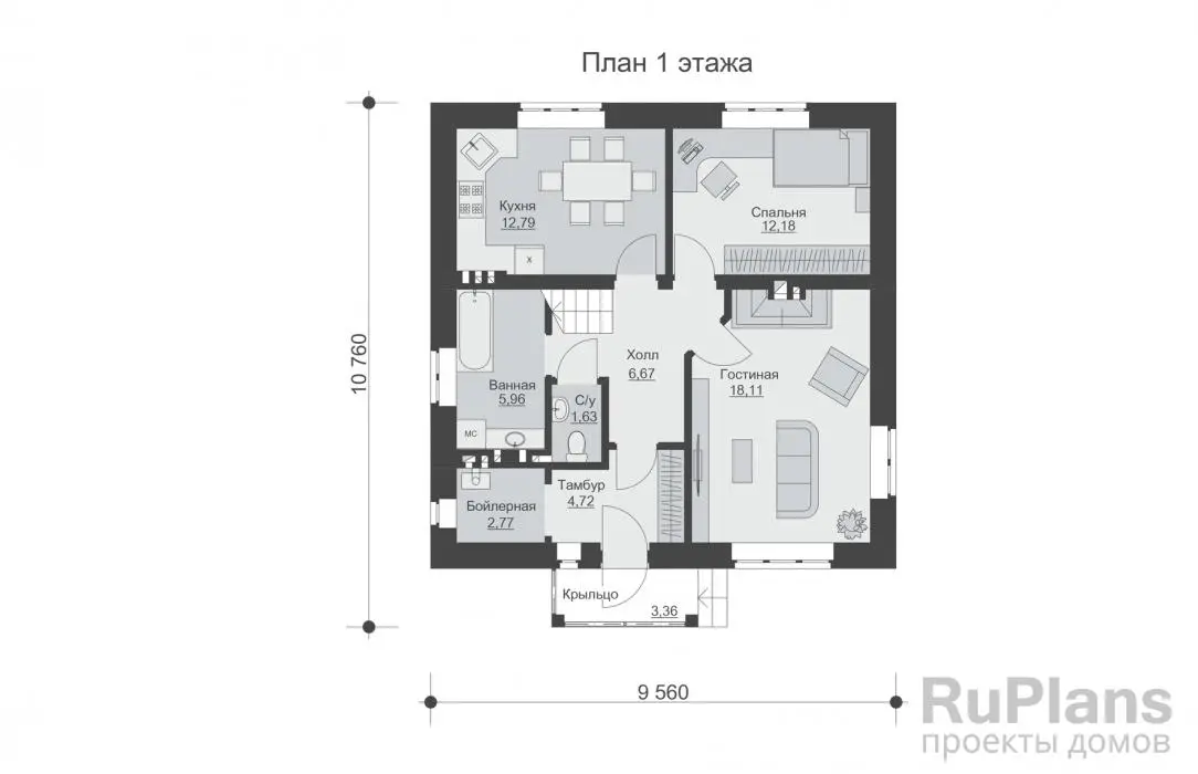 Проект двухэтажного дома 129 м², 10,8 × 9,6 м — Первый этаж
