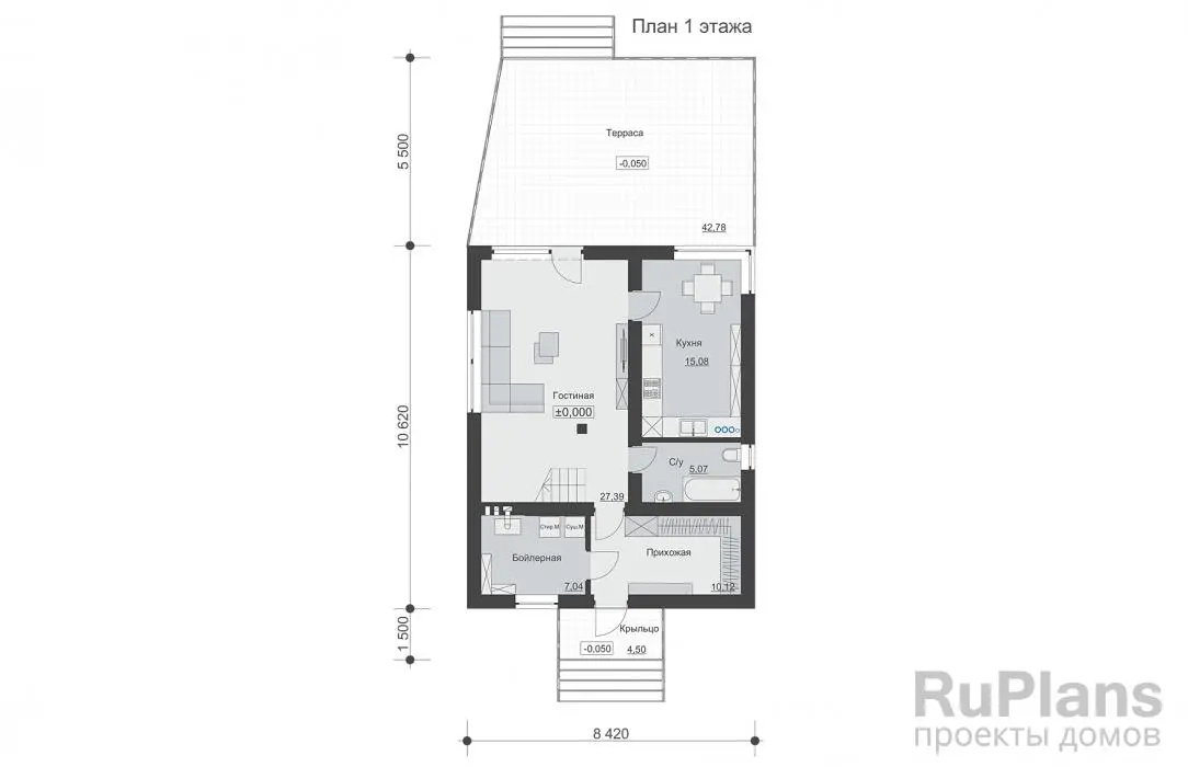 Проект двухэтажного дома 130 м², 17,6 × 8,4 м — Первый этаж