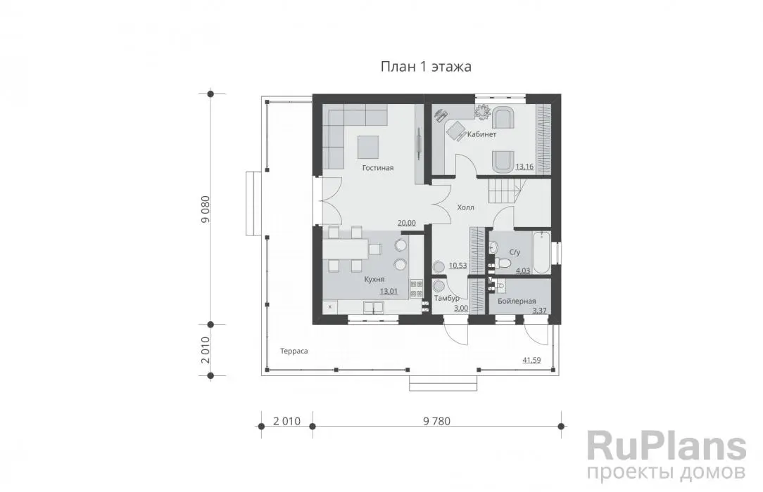 Проект двухэтажного дома 132 м², 11,8 × 11,1 м — Первый этаж