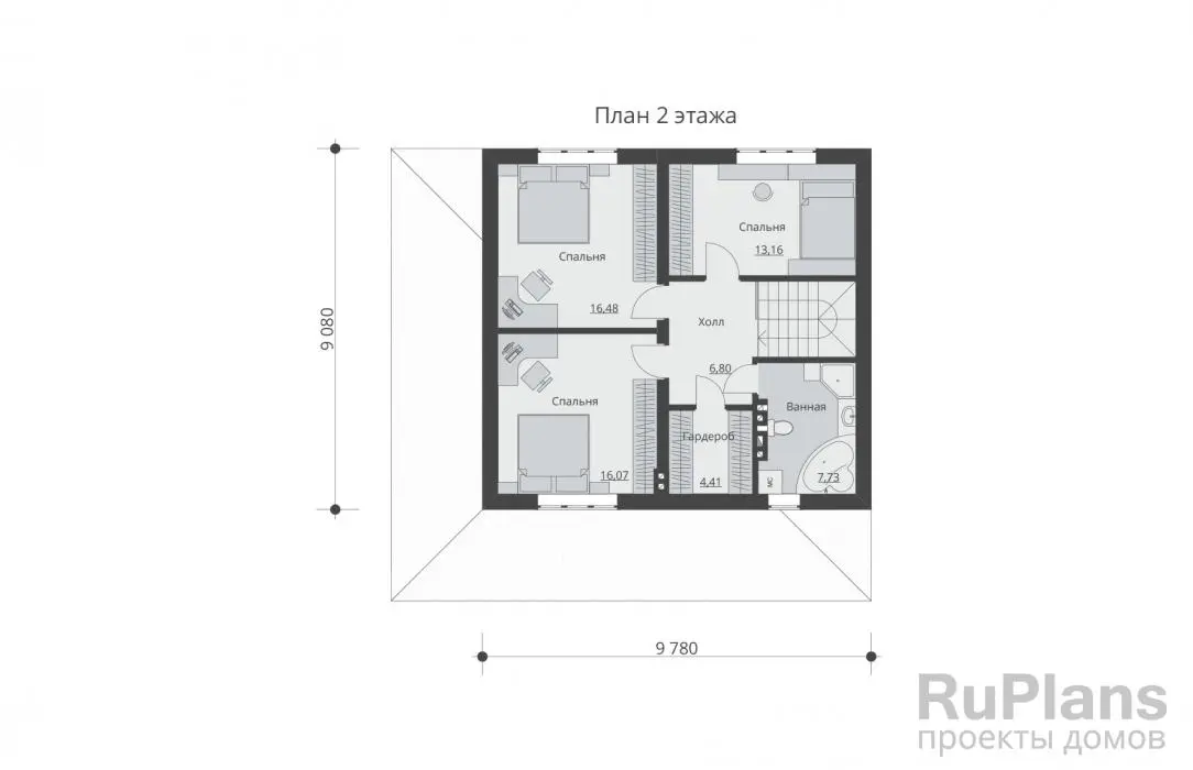 Проект двухэтажного дома 132 м², 11,8 × 11,1 м — Второй этаж