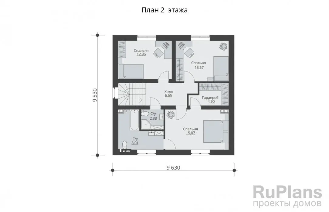 Проект двухэтажного дома 132 м², 9,4 × 9,5 м — Второй этаж