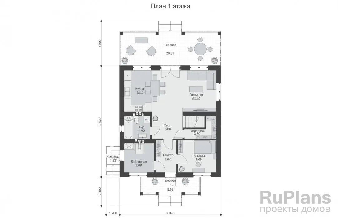 Проект двухэтажного дома 132 м², 9,9 × 9 м — Первый этаж