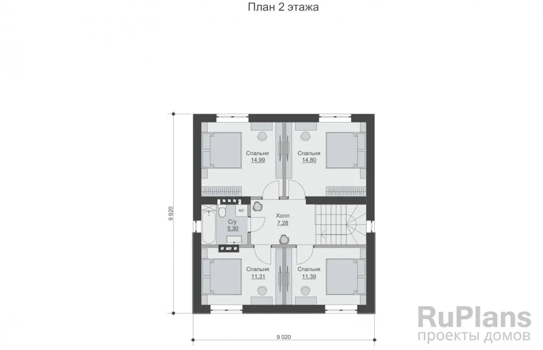 Проект двухэтажного дома 132 м², 9,9 × 9 м — Второй этаж