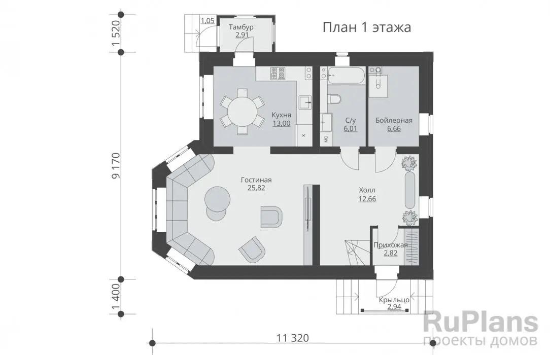 Проект двухэтажного дома 135 м², 12,1 × 11,3 м — Первый этаж