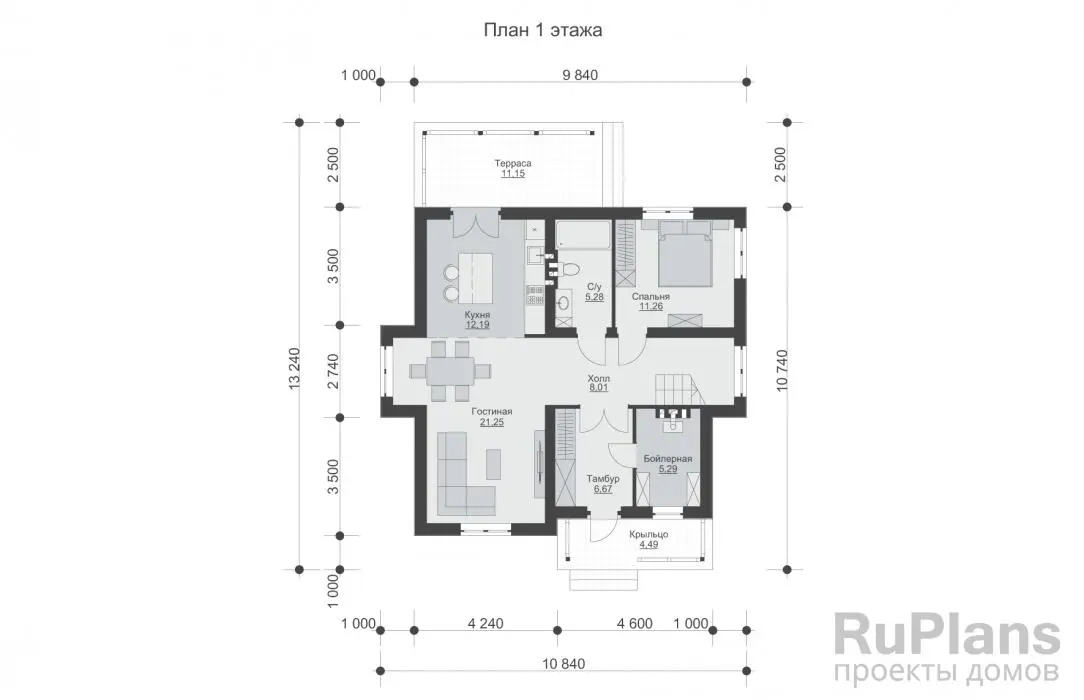 Проект двухэтажного дома 137 м², 10,8 × 13,2 м — Первый этаж