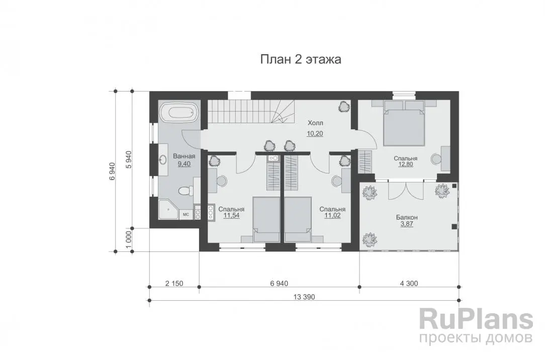 Проект двухэтажного дома 139 м², 22,9 × 5,9 м — Второй этаж
