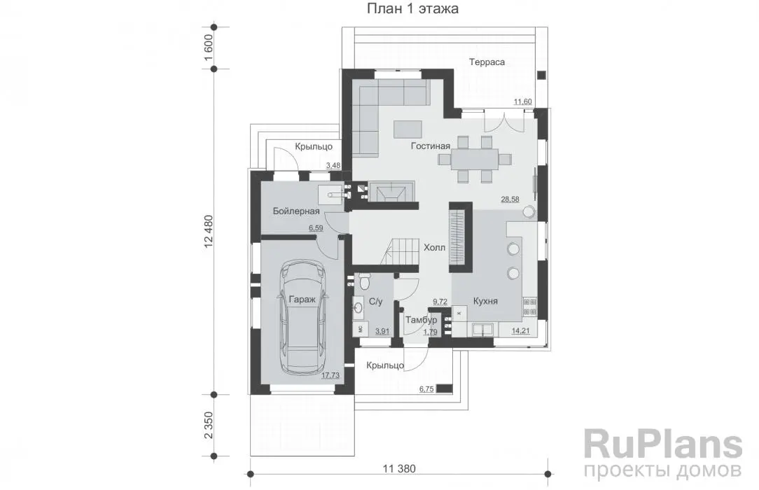 Проект двухэтажного дома 140 м², 12,5 × 11,4 м — Первый этаж