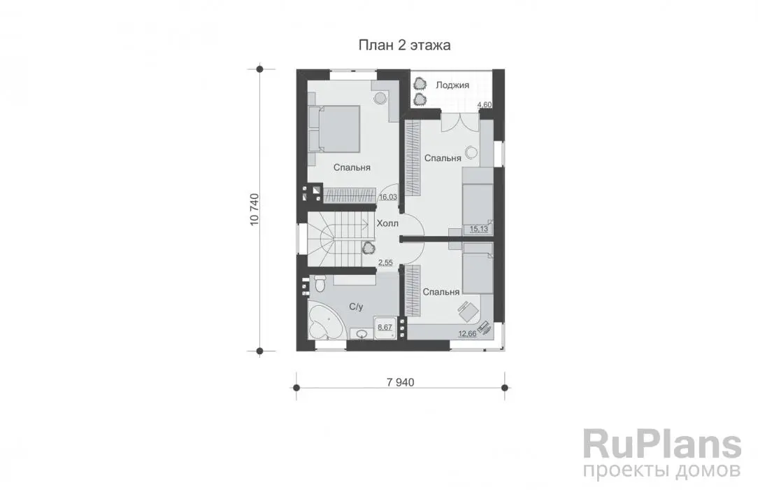 Проект двухэтажного дома 140 м², 12,5 × 11,4 м — Второй этаж
