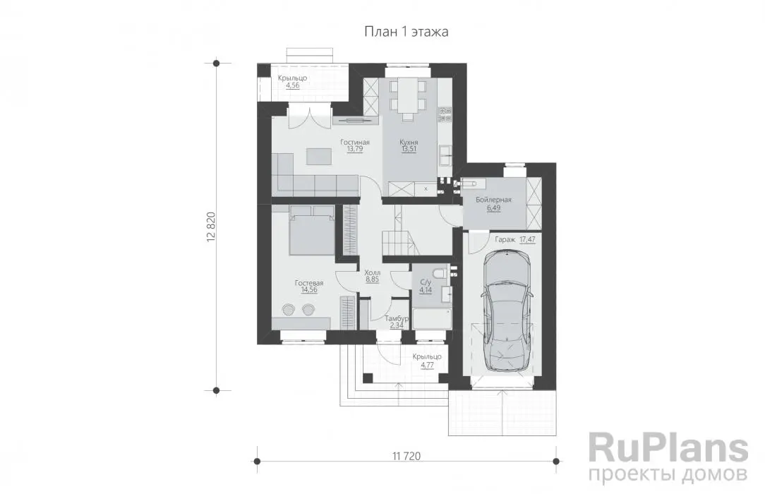 Проект двухэтажного дома 140 м², 11,7 × 12,8 м — Первый этаж
