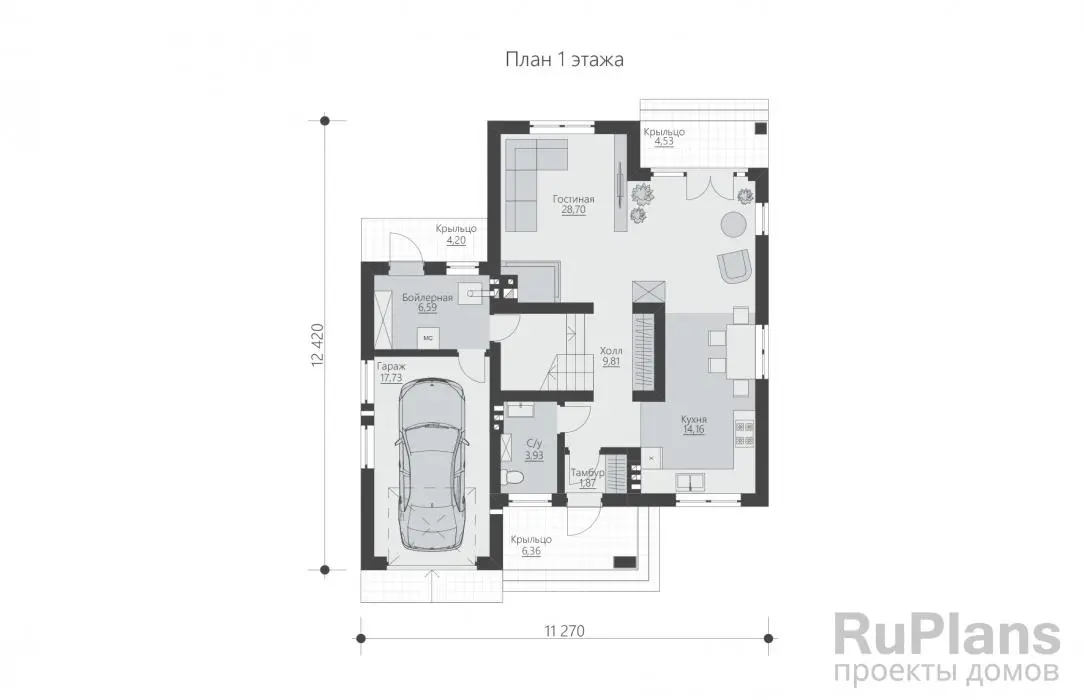 Проект двухэтажного дома 140 м², 11,3 × 12,4 м — Первый этаж