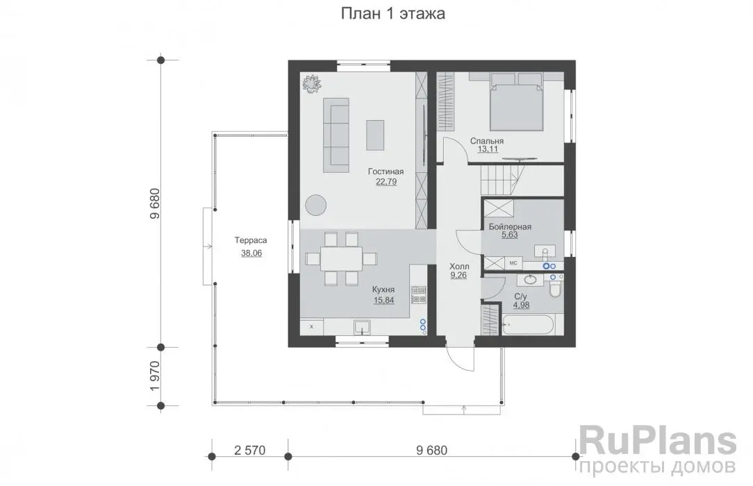 Проект двухэтажного дома 141 м², 11,7 × 12,2 м — Первый этаж