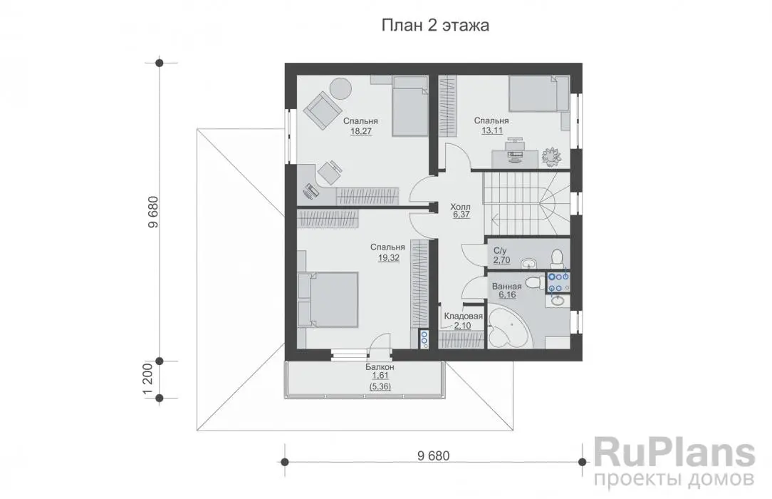 Проект двухэтажного дома 141 м², 11,7 × 12,2 м — Второй этаж
