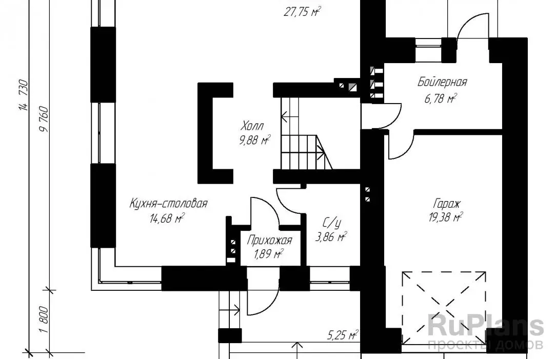 Проект двухэтажного дома 142 м², 14,7 × 12,6 м — Первый этаж
