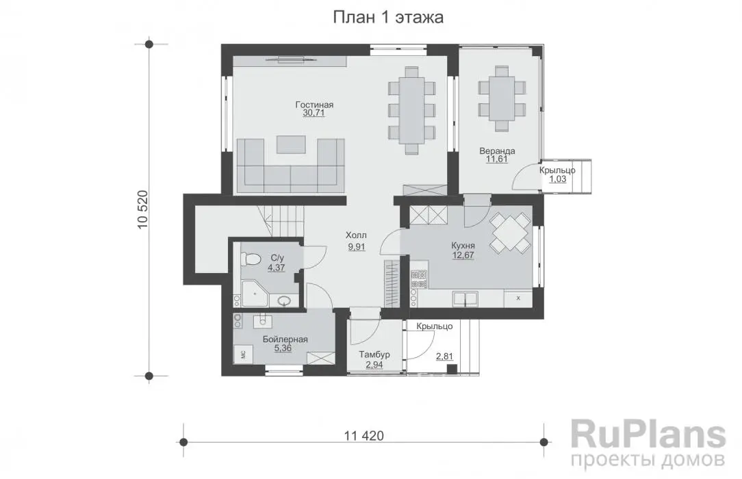 Проект двухэтажного дома 142 м², 10,5 × 11,4 м — Первый этаж