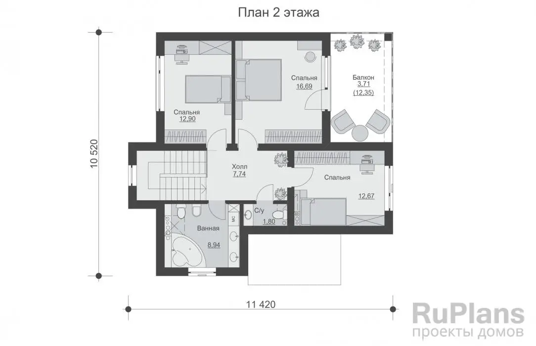 Проект двухэтажного дома 142 м², 10,5 × 11,4 м — Второй этаж