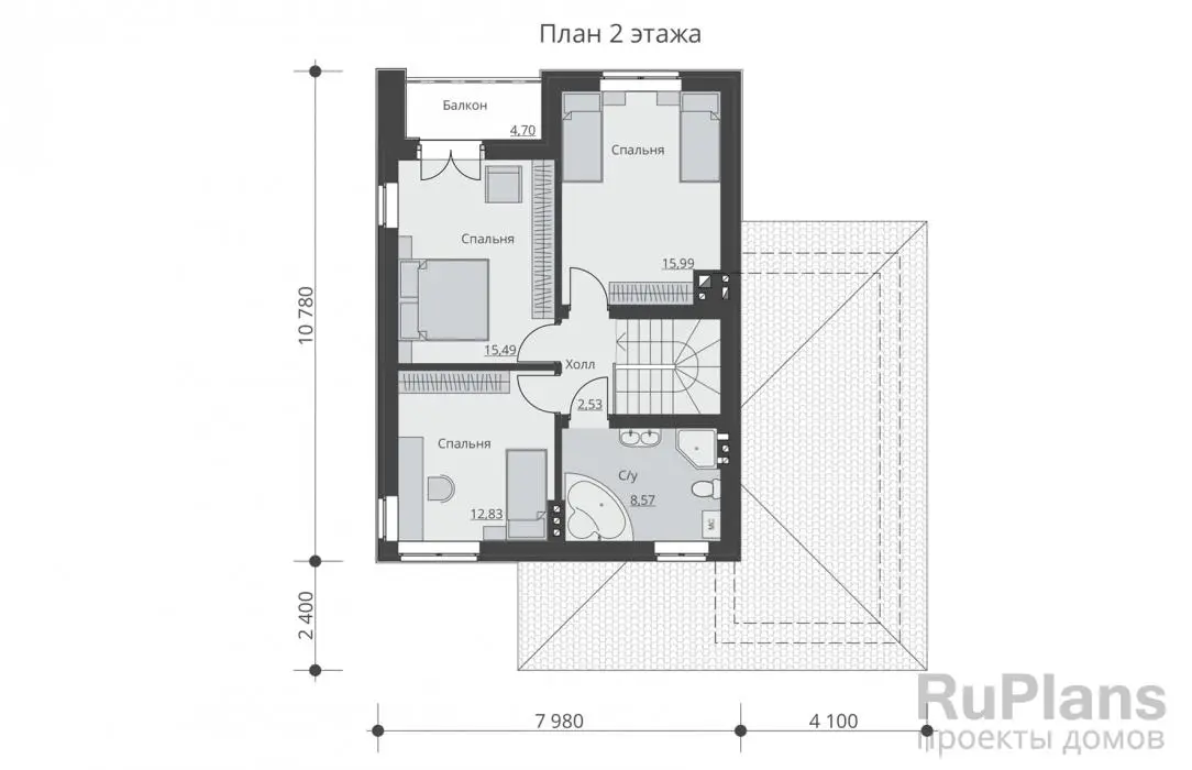 Проект двухэтажного дома 144 м², 12,6 × 11,5 м — Второй этаж