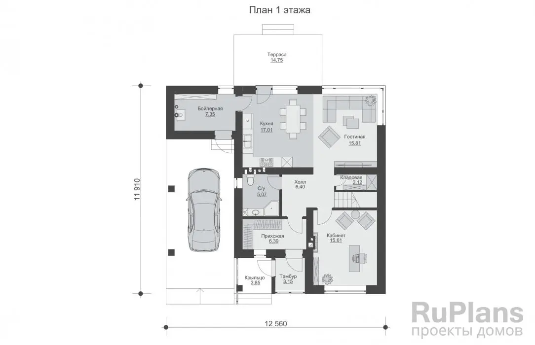 Проект двухэтажного дома 144 м², 11,9 × 12,6 м — Первый этаж