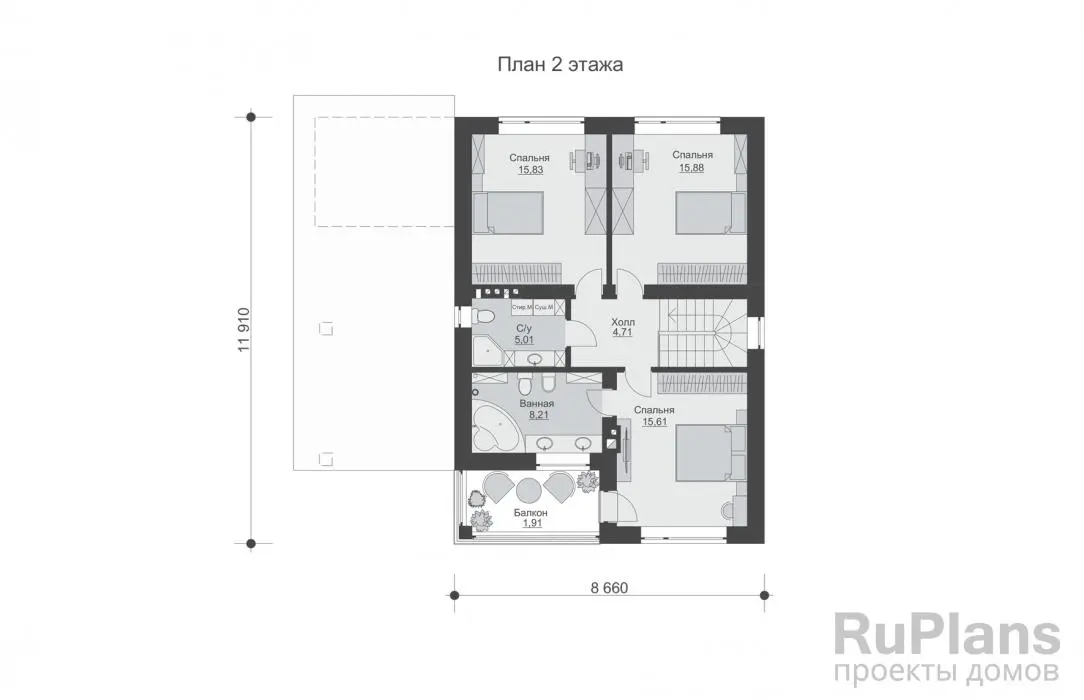 Проект двухэтажного дома 144 м², 11,9 × 12,6 м — Второй этаж