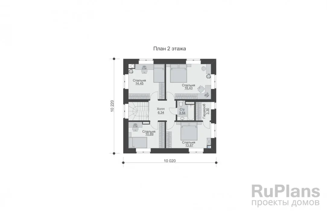 Проект двухэтажного дома 145 м², 10 × 14,7 м — Второй этаж