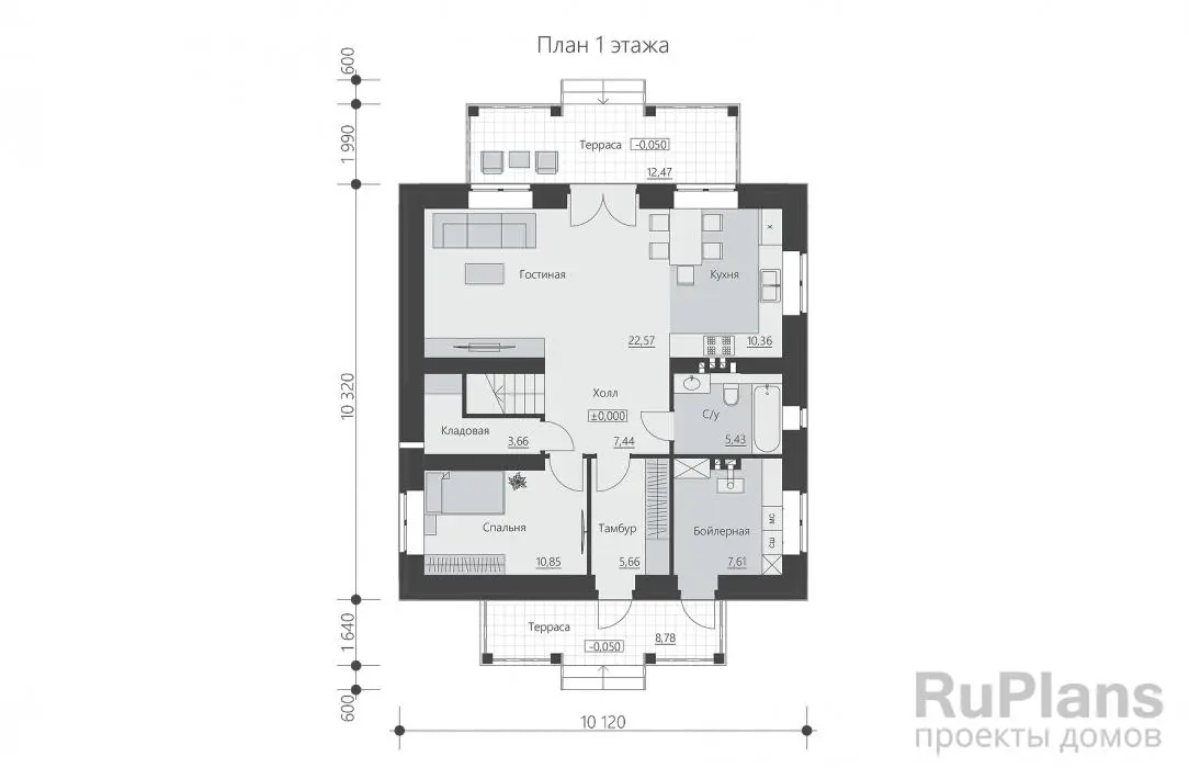 Проект двухэтажного дома 145 м², 13,9 × 10,1 м — Первый этаж