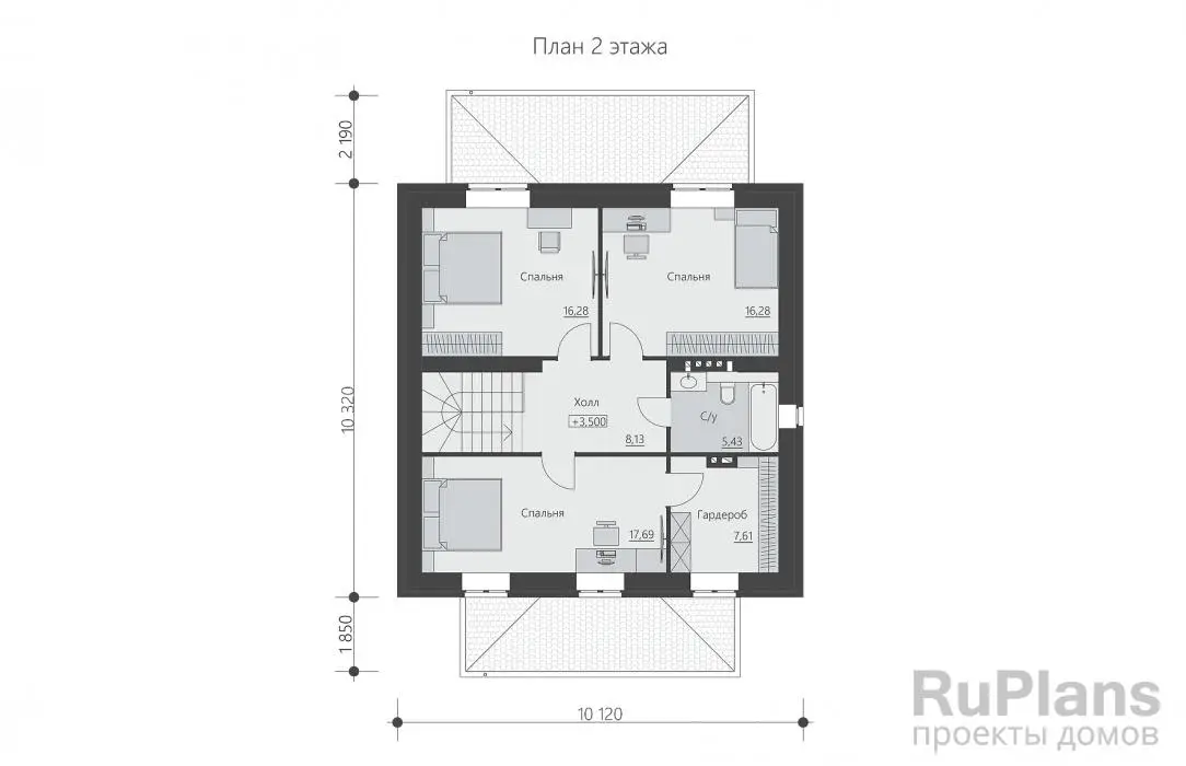 Проект двухэтажного дома 145 м², 13,9 × 10,1 м — Второй этаж