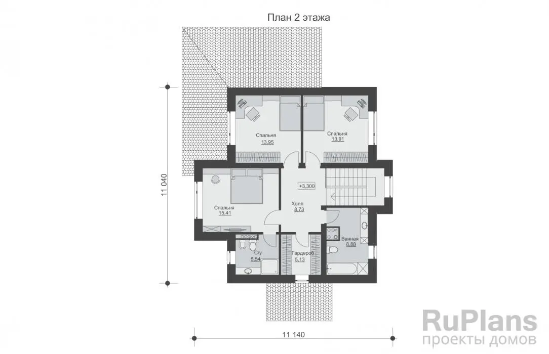 Проект двухэтажного дома 145 м², 15 × 11,4 м — Второй этаж
