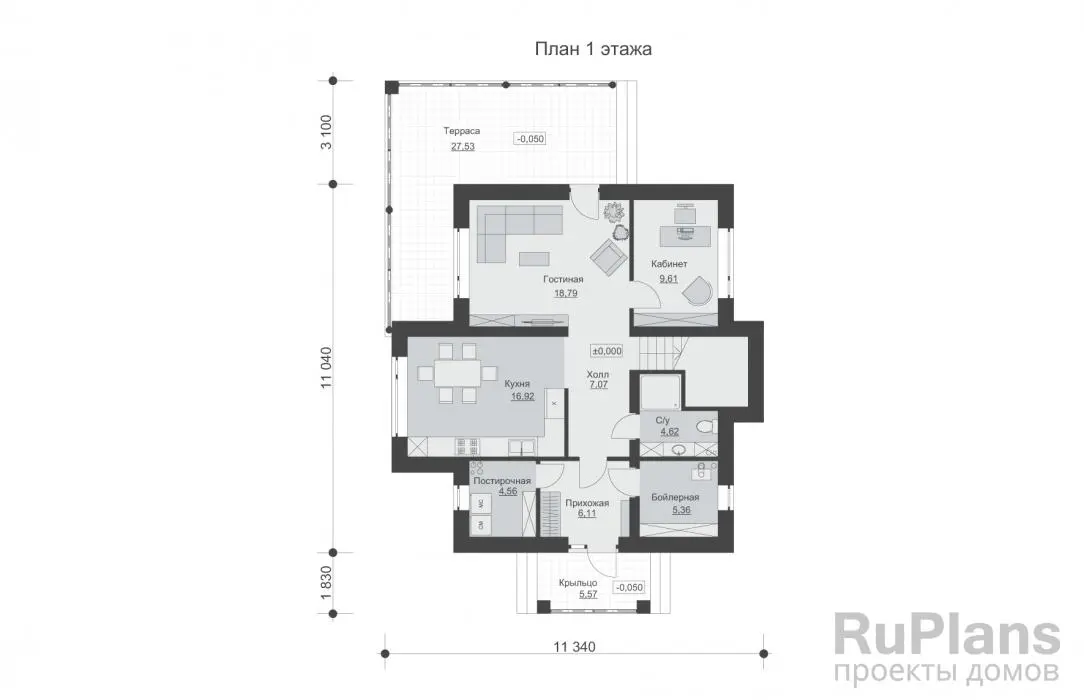 Проект двухэтажного дома 145 м², 15 × 11,3 м — Первый этаж