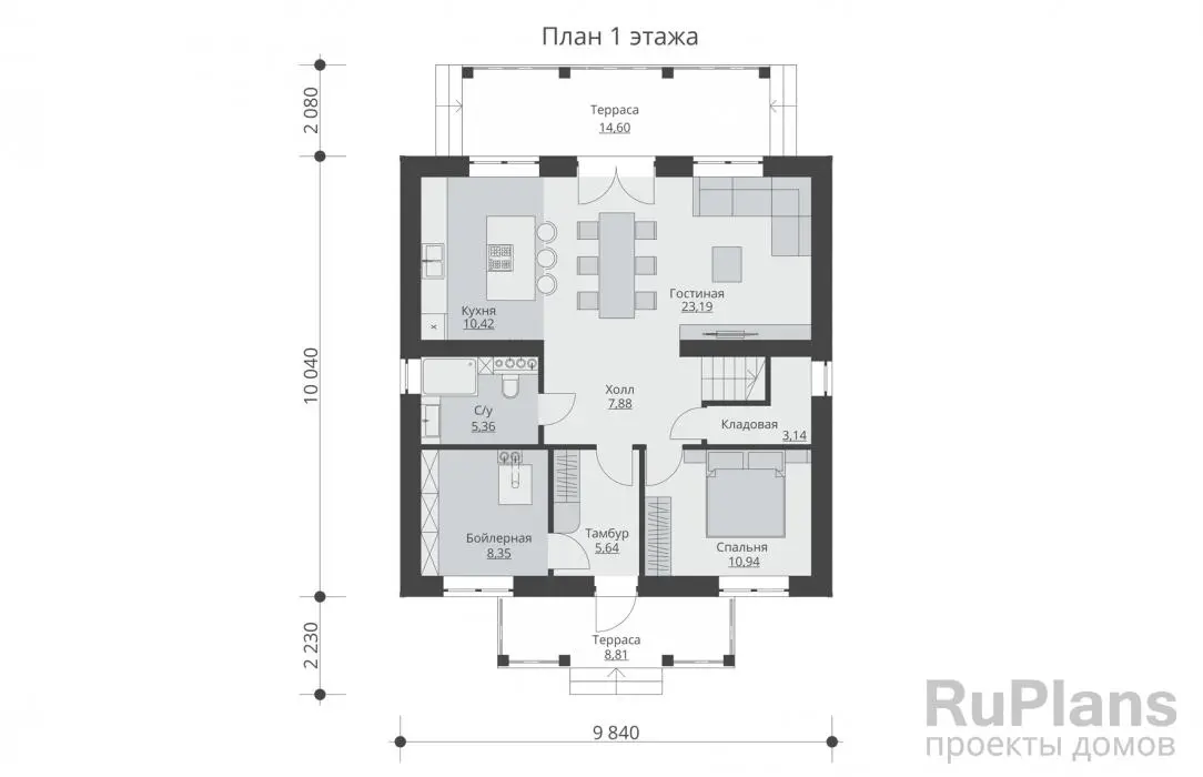 Проект двухэтажного дома 146 м², 14,3 × 9,8 м — Первый этаж