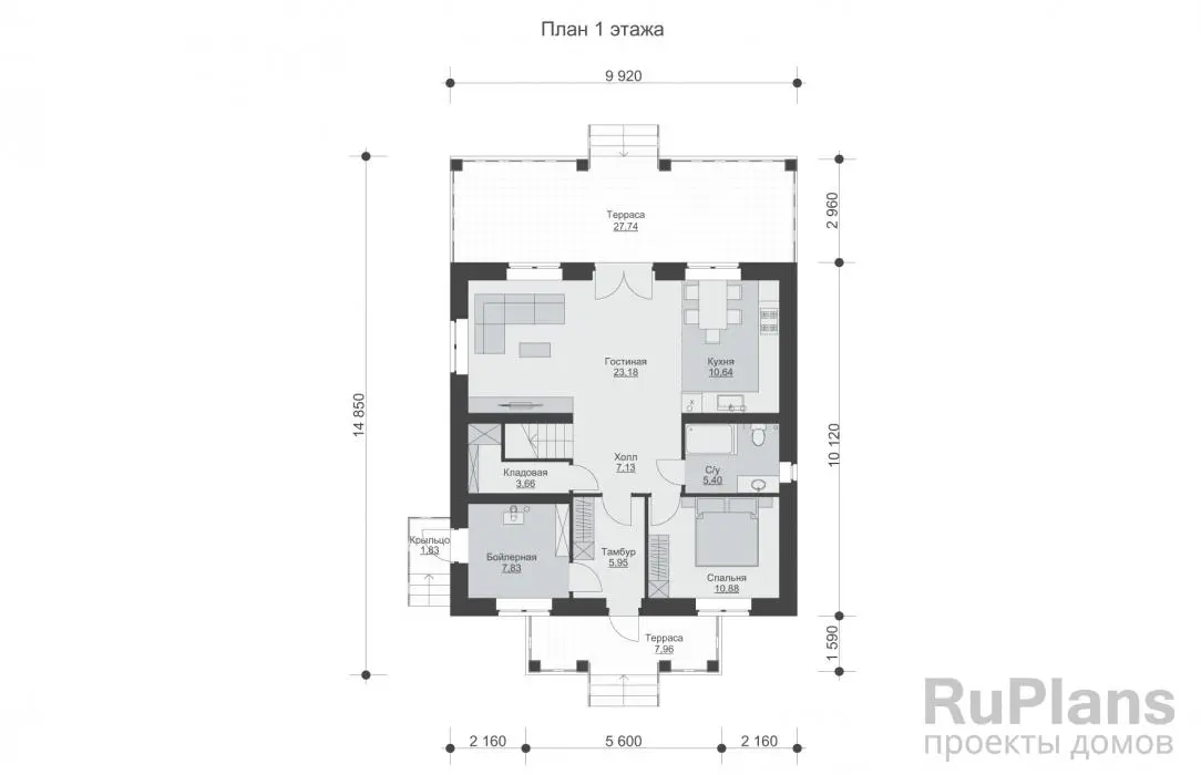 Проект двухэтажного дома 146 м², 16,6 × 11,1 м — Первый этаж