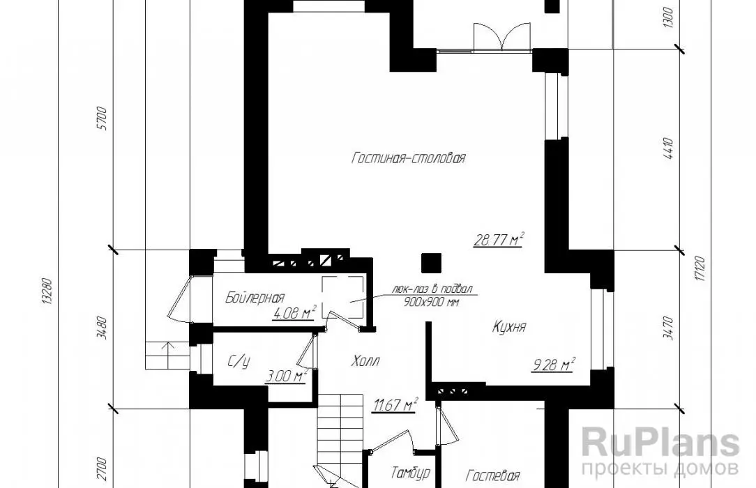 Проект двухэтажного дома 147 м², 13,3 × 9,3 м — Первый этаж