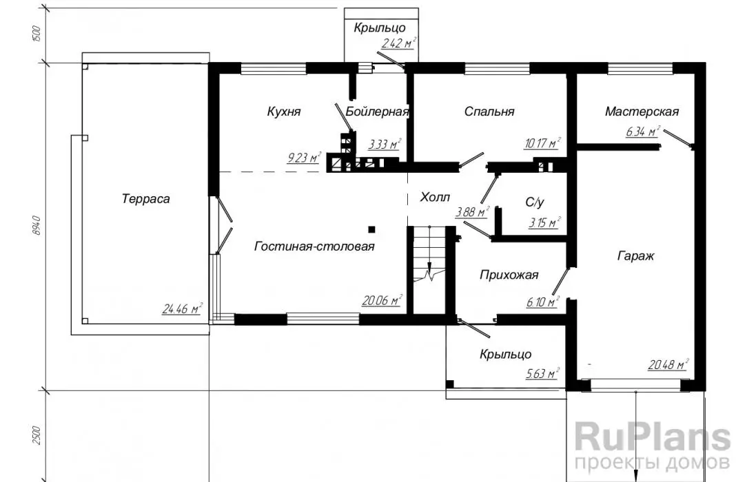 Проект двухэтажного дома 147 м², 13 × 9 м — Первый этаж