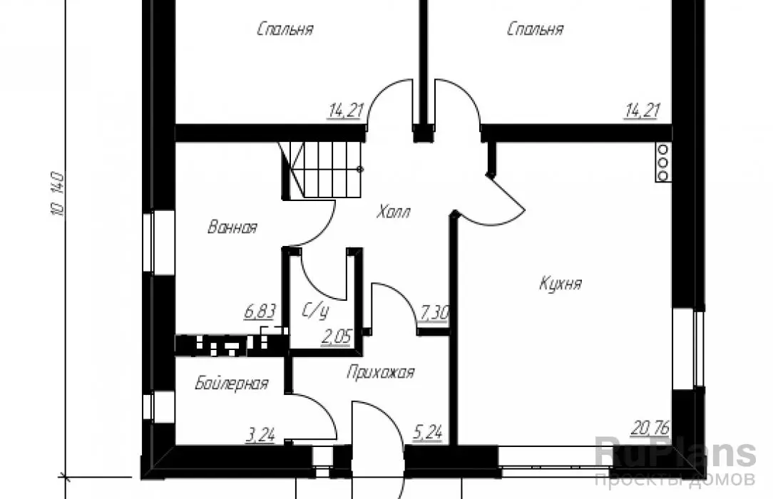Проект двухэтажного дома 147 м², 10,1 × 10,1 м — Первый этаж