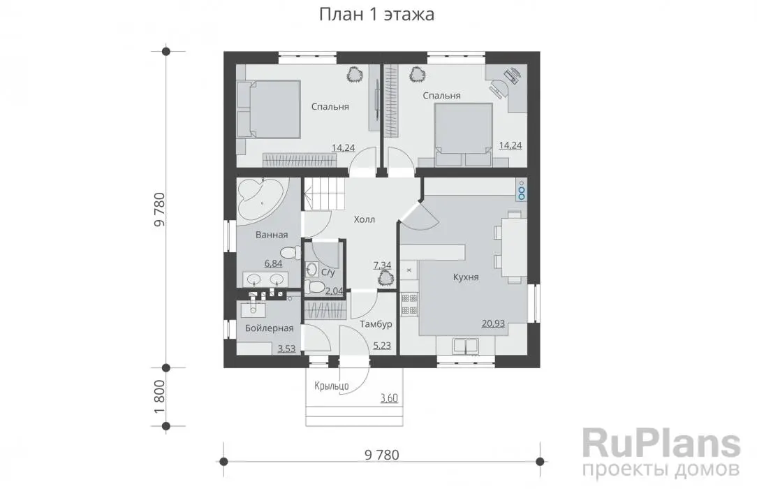 Проект двухэтажного дома 147 м², 9,8 × 9,8 м — Первый этаж