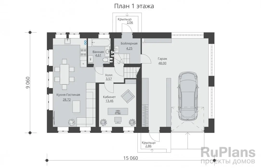 Проект двухэтажного дома 147 м², 9,1 × 15,1 м — Первый этаж