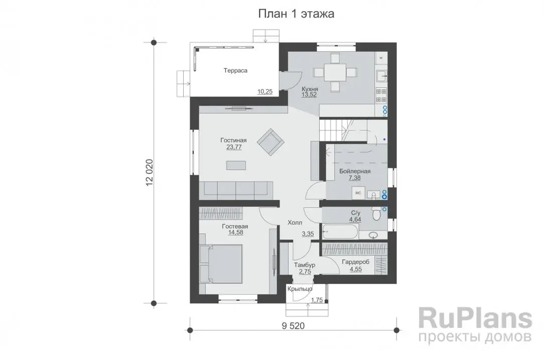 Проект двухэтажного дома 147 м², 9,5 × 12 м — Первый этаж
