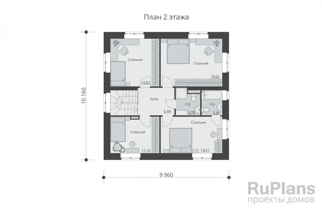 Проект двухэтажного дома 148 м², 9 × 14,7 м — Второй этаж