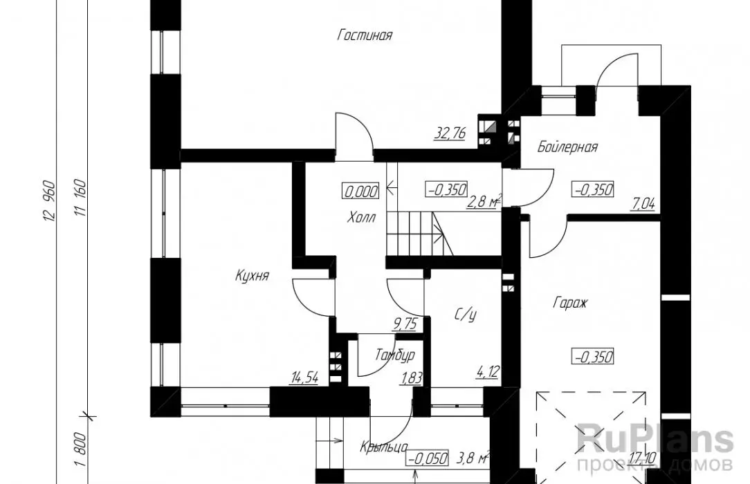 Проект двухэтажного дома 150 м², 12 × 11,9 м — Первый этаж