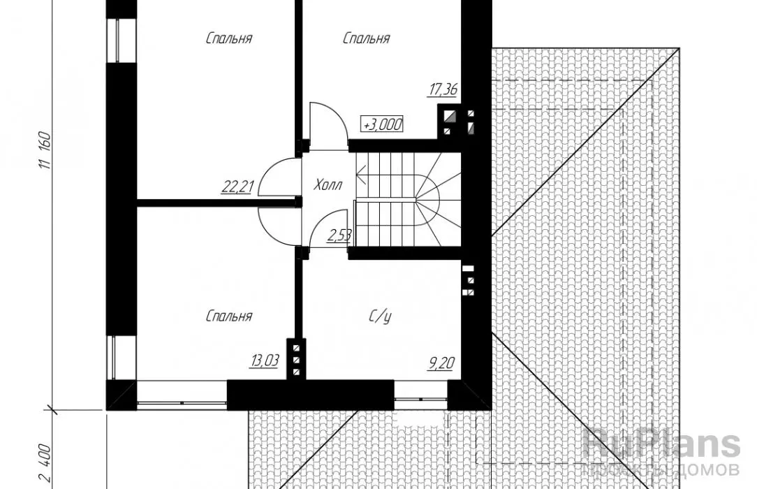 Проект двухэтажного дома 150 м², 12 × 11,9 м — Второй этаж