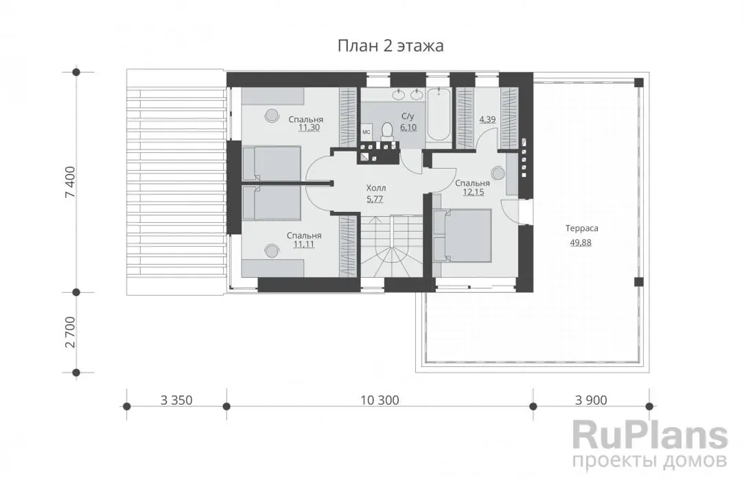 Проект двухэтажного дома 150 м², 10,1 × 14,2 м — Второй этаж